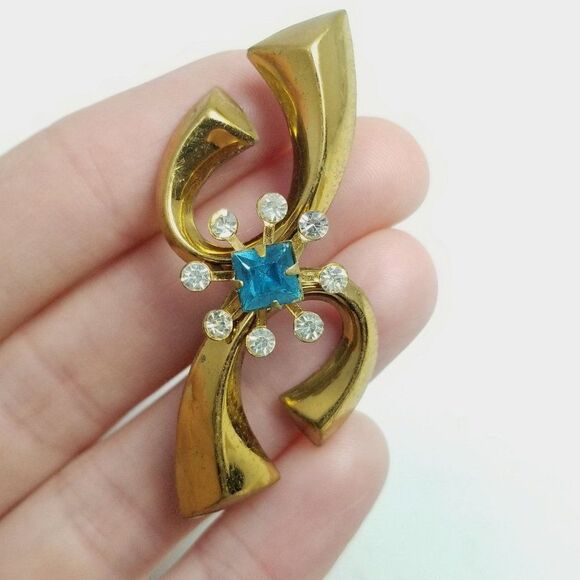 Vintage Retro Gold Tone Blue Rhinestone Brooch, 40s Style Design, Funky Retro - Picture 5 of 6
